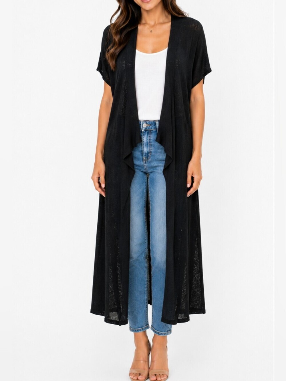 Eileen Fisher Silk Blend Open Front Long Black Cardigan Duster Women Size Medium